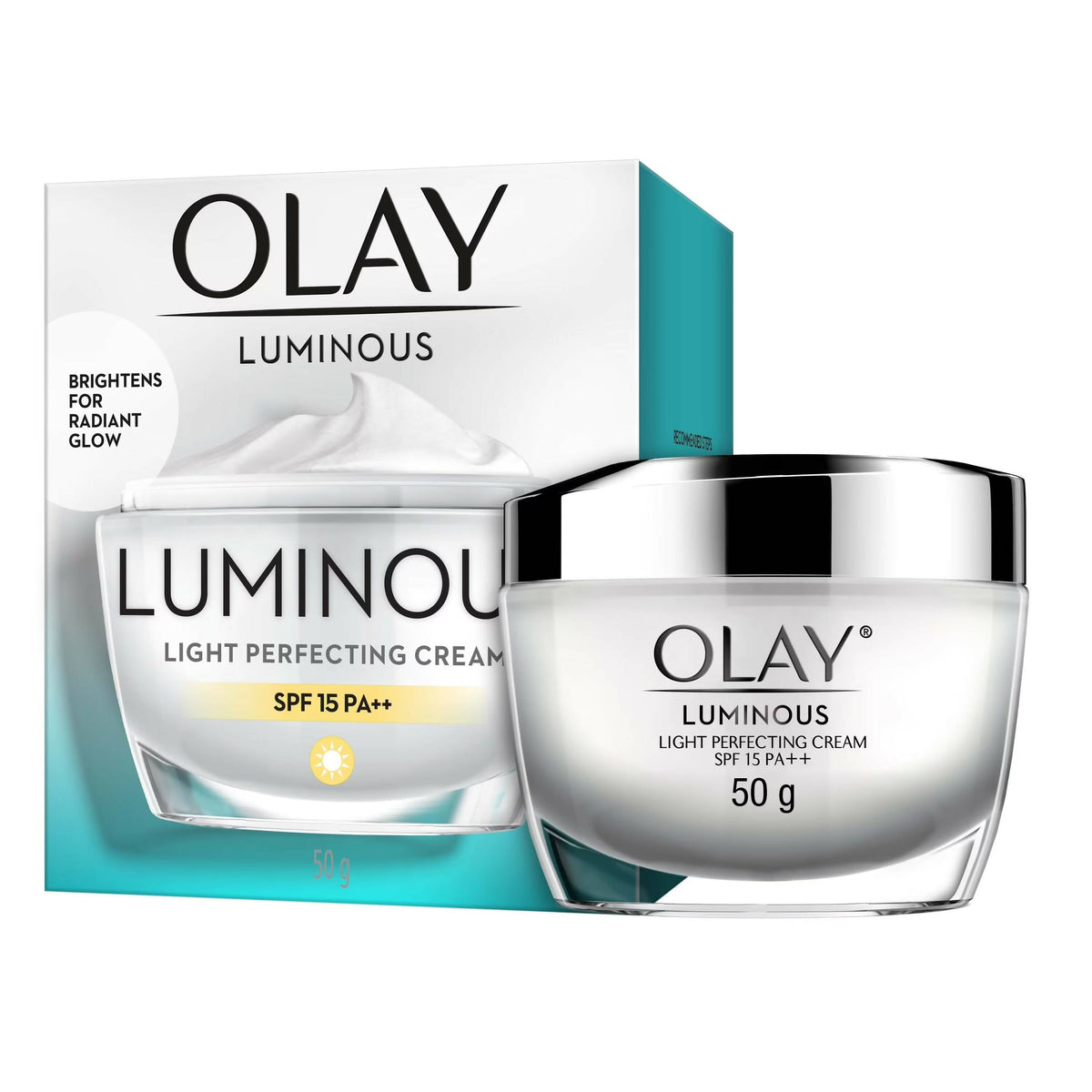 Olay Luminous light perfecting cream jar and packaging on a white background