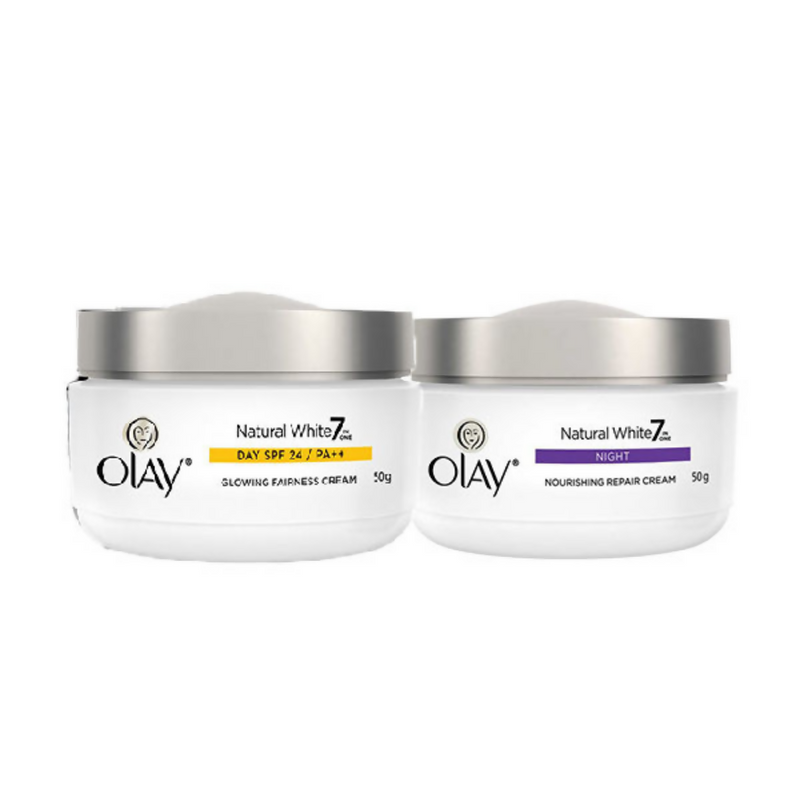 Two Olay cream jars, one for day and one for night, on a white background.