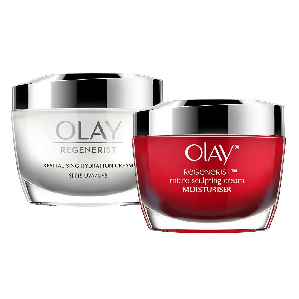Two Olay Regenerist skincare products on a white background