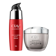 Olay Regenerist serum and moisturizer on a white background