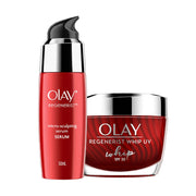 Olay Regenerist serum and whipped cream on a white background