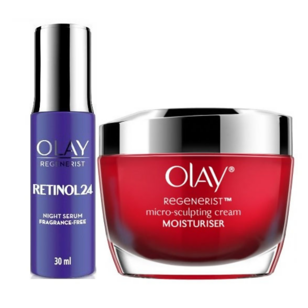Olay Regenerist night serum and moisturizer on a white background