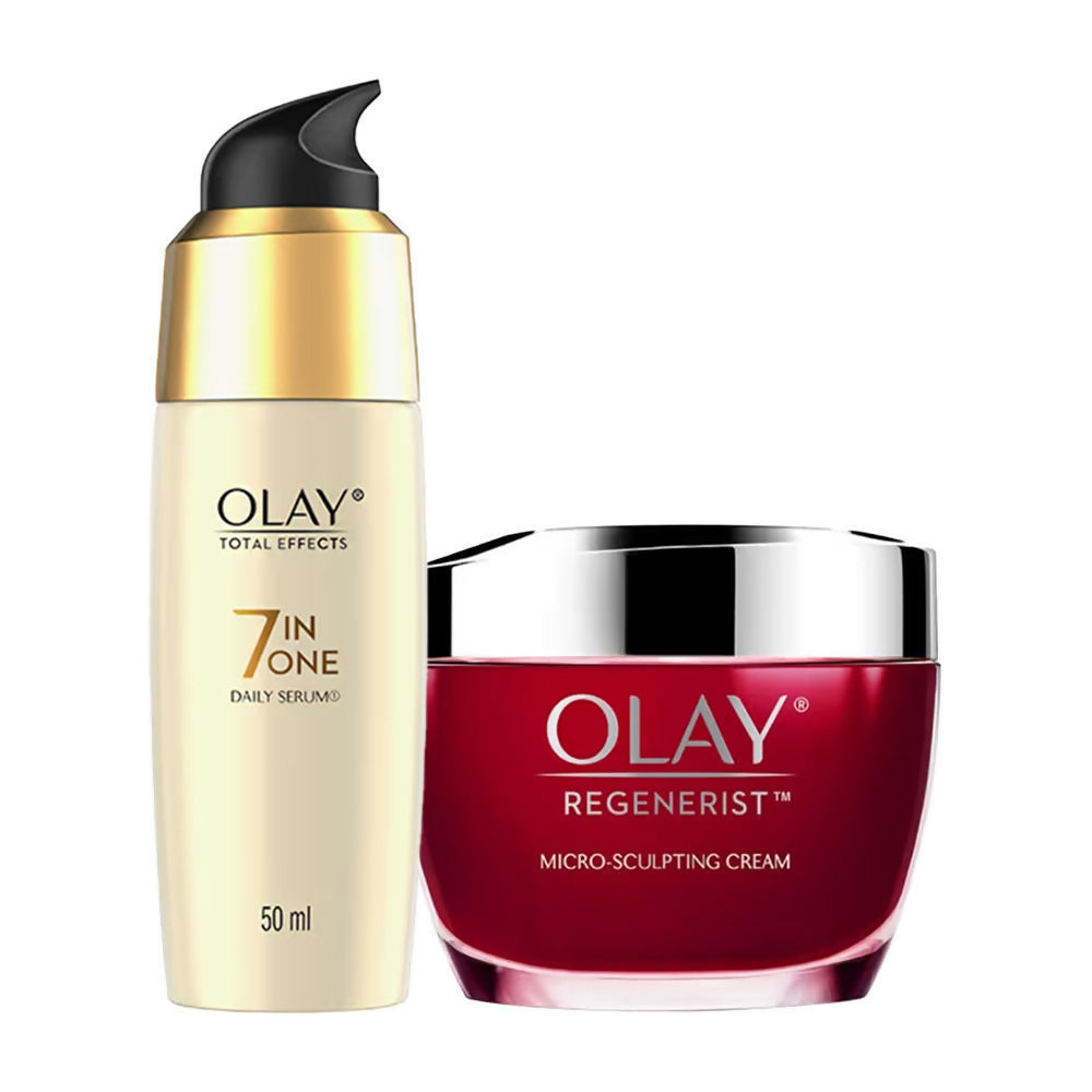 Olay Total Effects serum and Regenerist cream on a white background