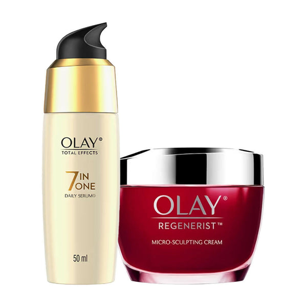 Olay Total Effects serum and Regenerist cream on a white background