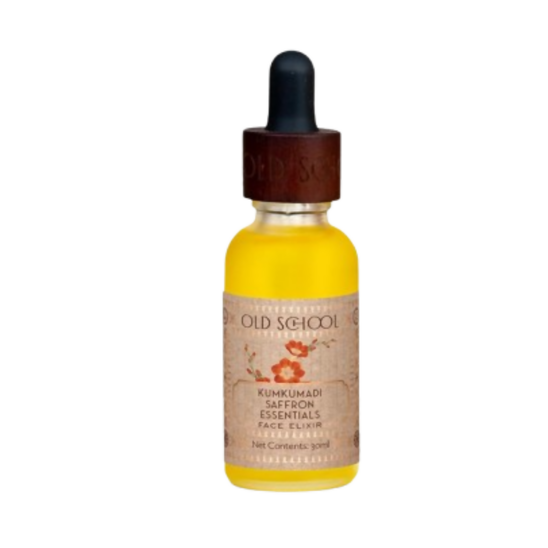 Bottle of Old School Kukumadi Saffron Essentials face elixir on a white background