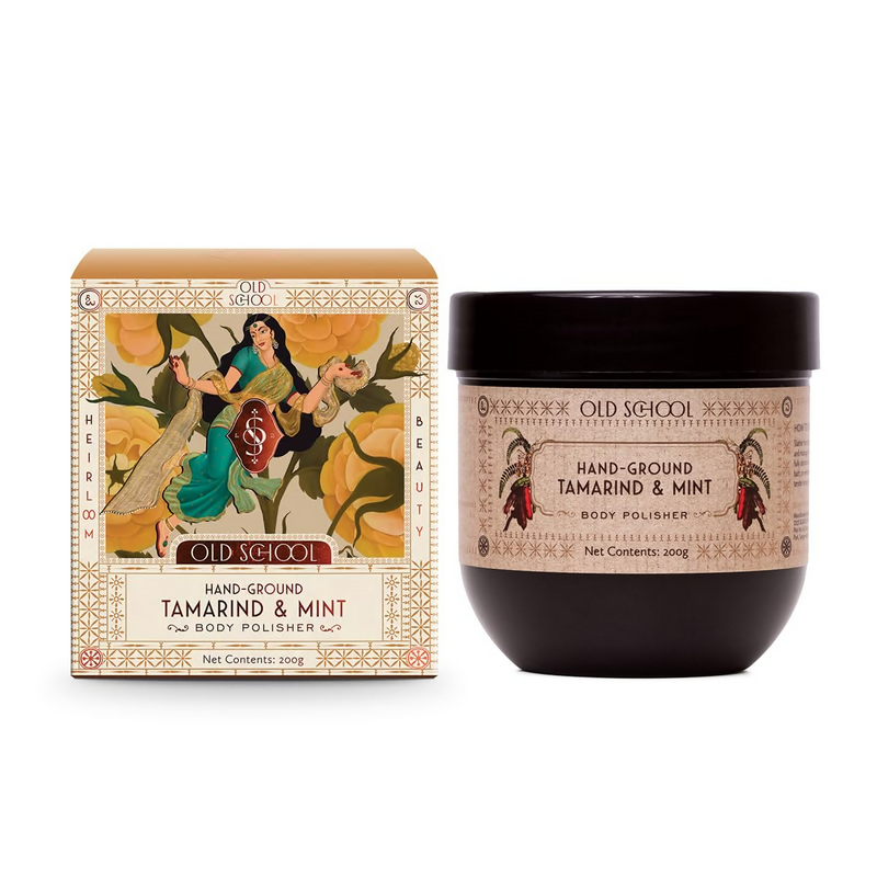 Jar of Old School Tamarind & Mint body polish with decorative box on a white background