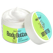 Open jar of Old Tree Body Butter with visible cream and green label on a white background
