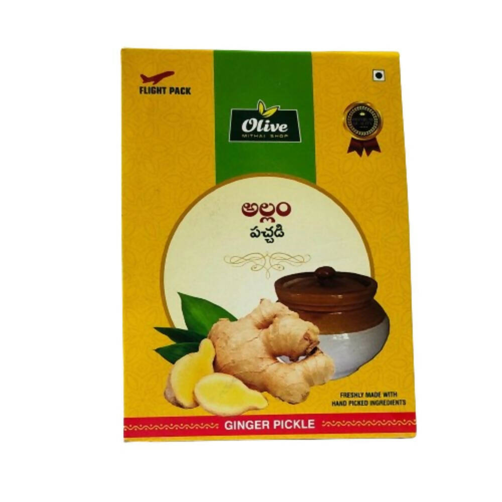 Olive Ginger Pickle packaging with yellow background and ginger illustration