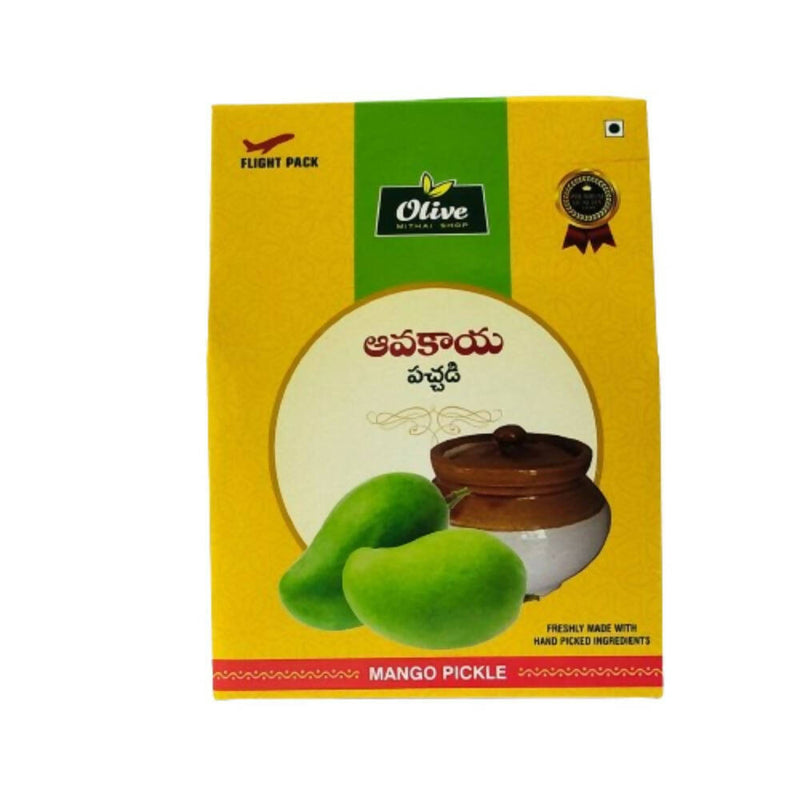 Packaging of Olive Mango Pickle with green mangoes and a jar on a yellow background