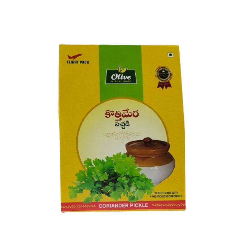 Coriander pickle packaging with Olive brand logo on a yellow background