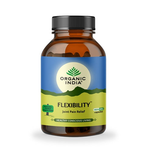 Bottle of Organic India Flexibility supplement on a white background