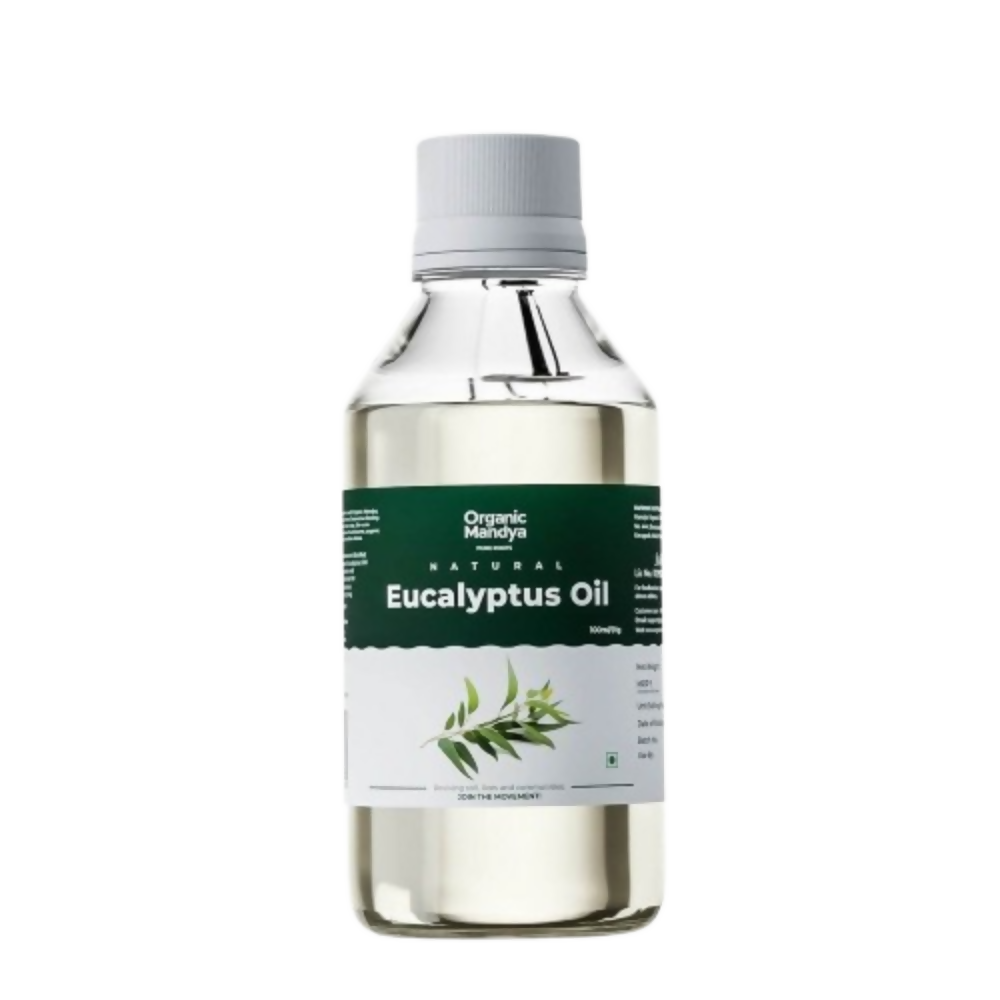 Bottle of eucalyptus oil with a label on a white background