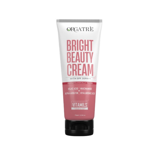Tube of OrgaTre Bright Beauty Cream on a white background