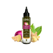 Oshea Herbals Onion & Ginger hair oil bottle with ingredients on a white background