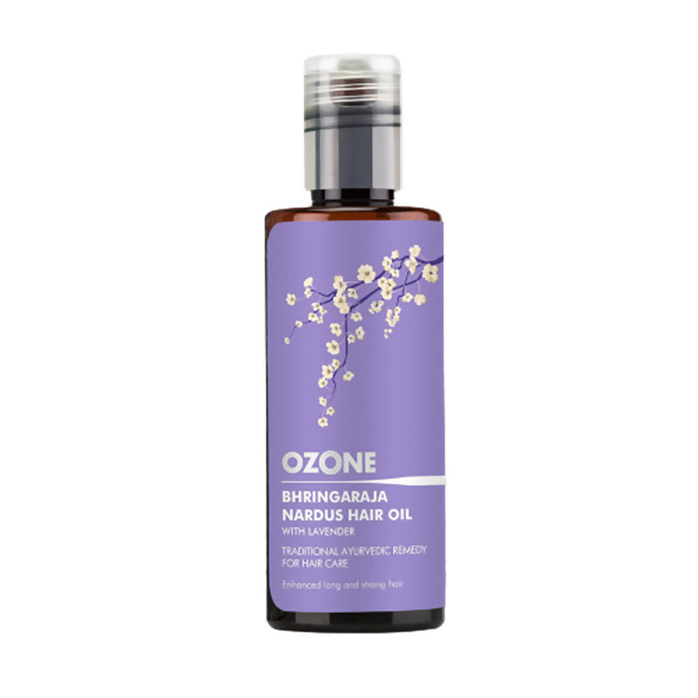 Ozone Bhhringaraja Nardus Hair Oil bottle with a purple label on a white background