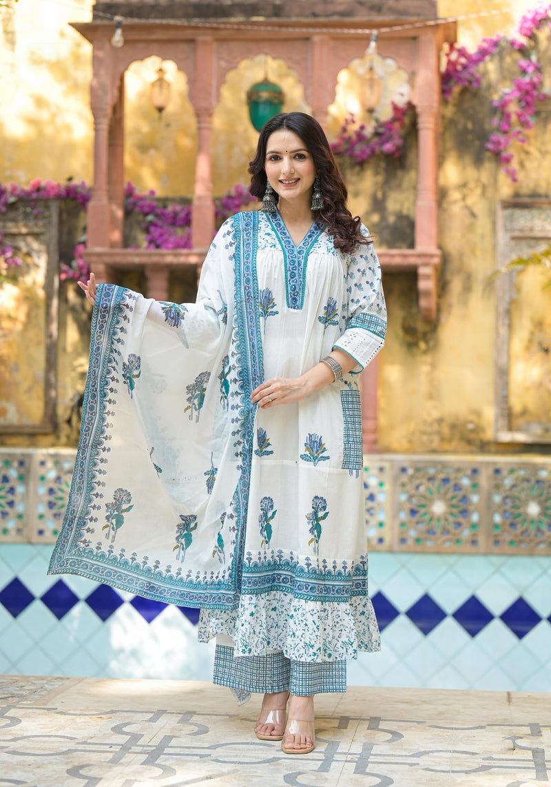 Juniper White Floral Printed Cotton A-Line Kurta Pant And Dupatta Set