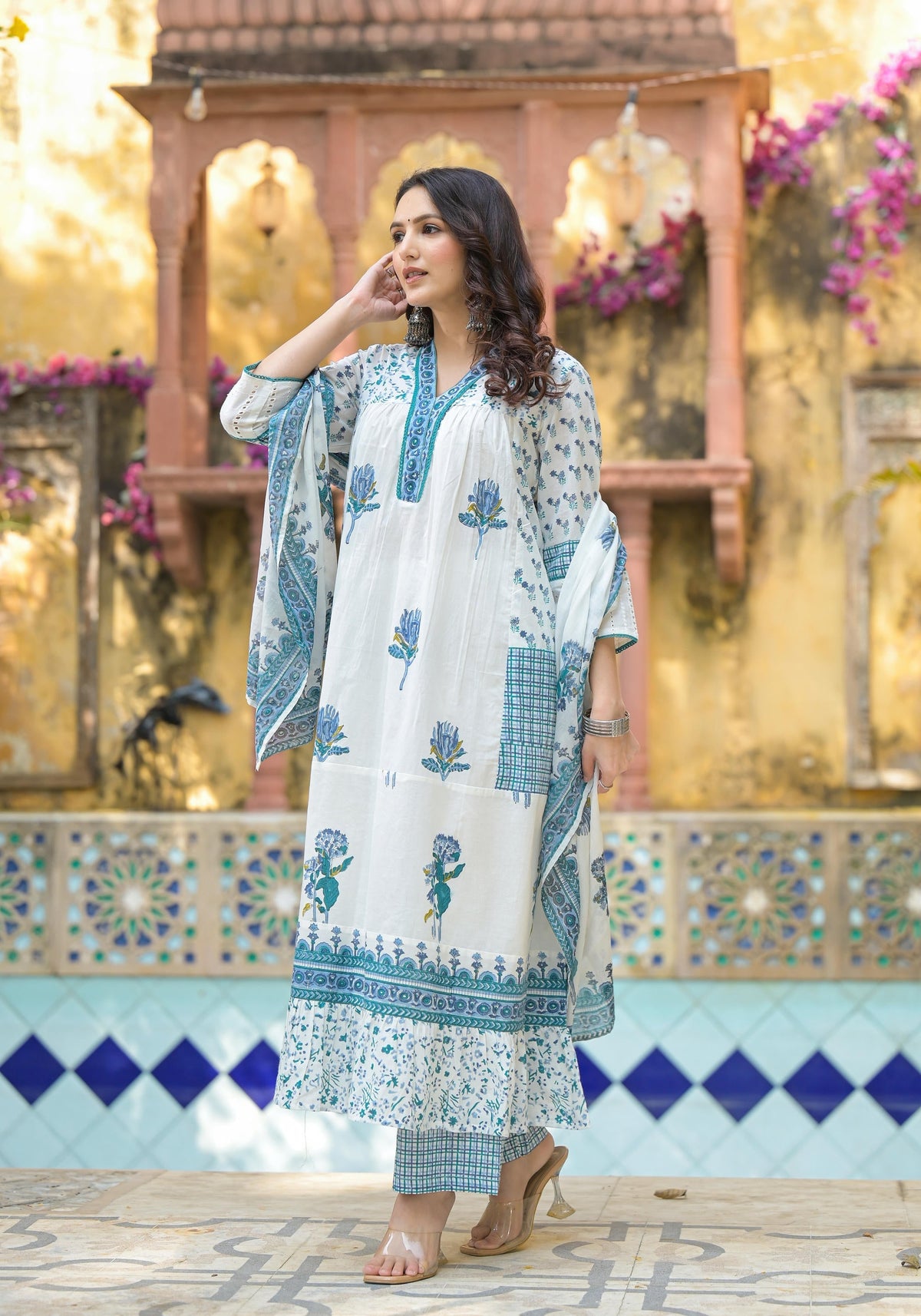 Juniper White Floral Printed Cotton A-Line Kurta Pant And Dupatta Set