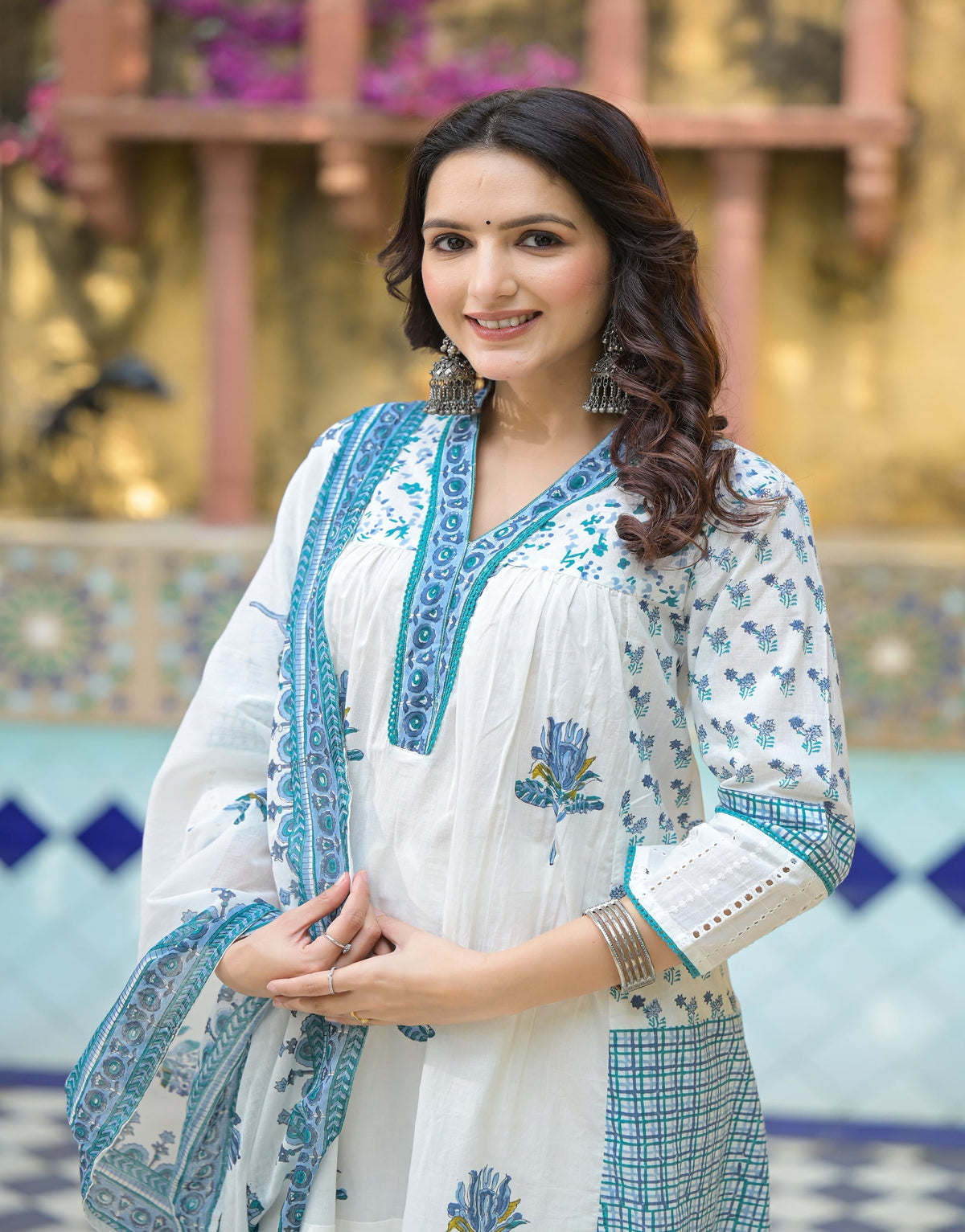 Juniper White Floral Printed Cotton A-Line Kurta Pant And Dupatta Set