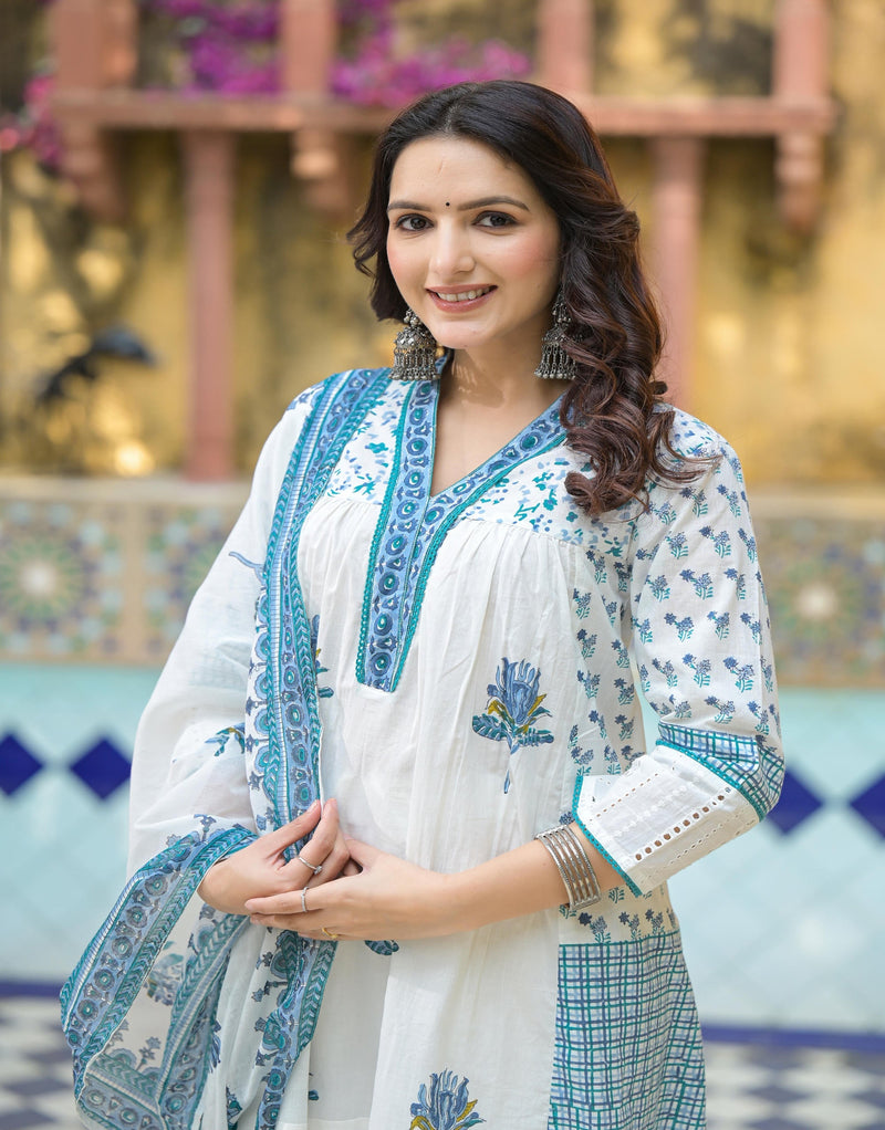 Juniper White Floral Printed Cotton A-Line Kurta Pant And Dupatta Set