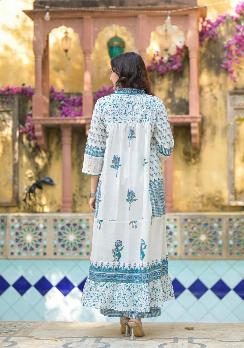 Juniper White Floral Printed Cotton A-Line Kurta Pant And Dupatta Set