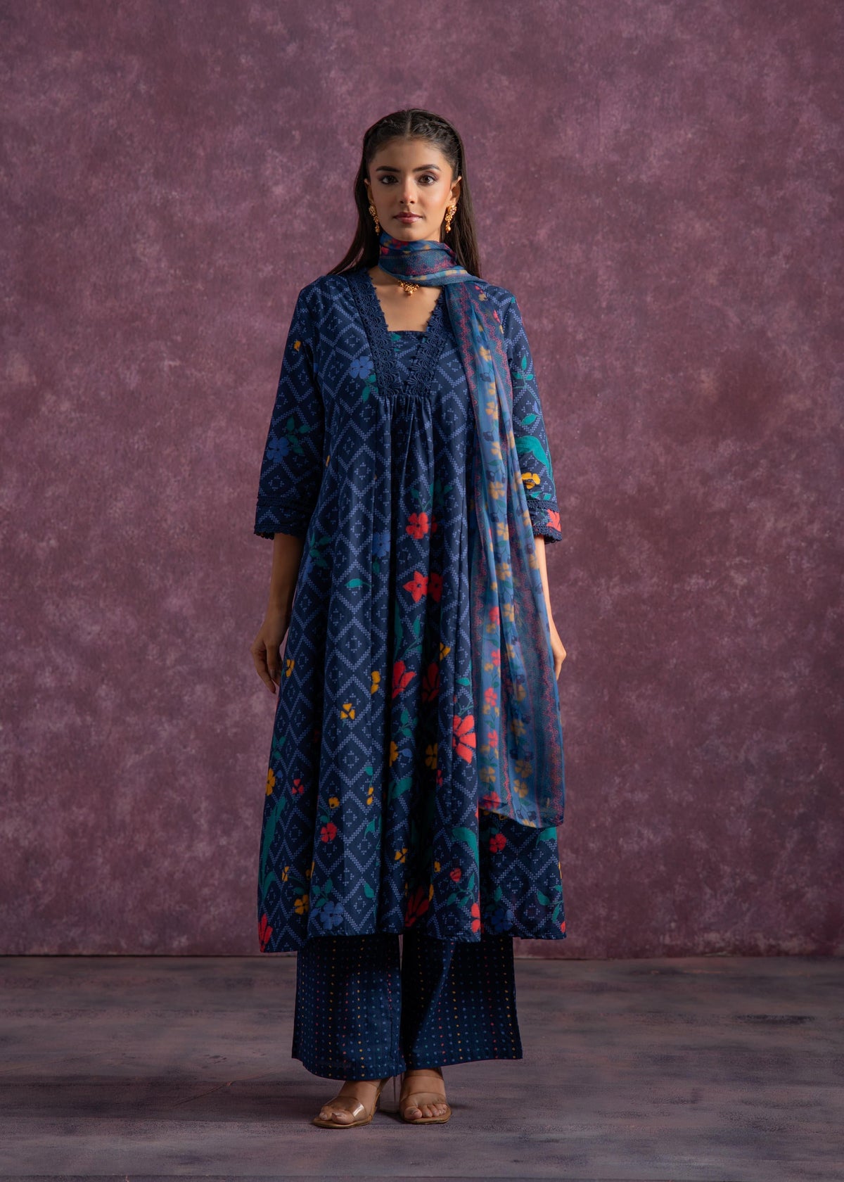 Juniper Indigo Floral Printed Cotton Kurta Set With Chiffon Dupatta