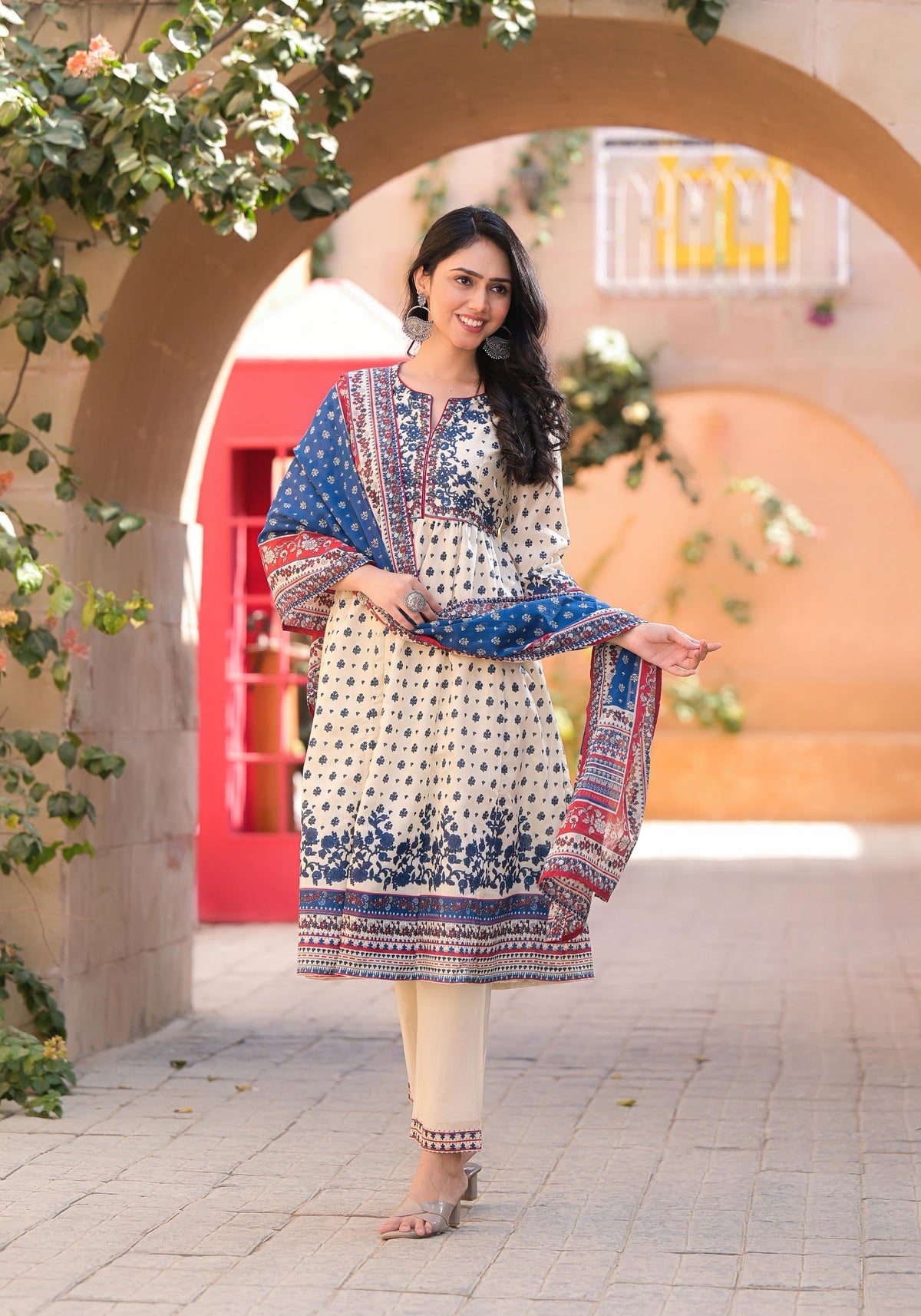 Juniper Ivory Floral Printed Chanderi Kurta Pant And Dupatta Set With Sequins