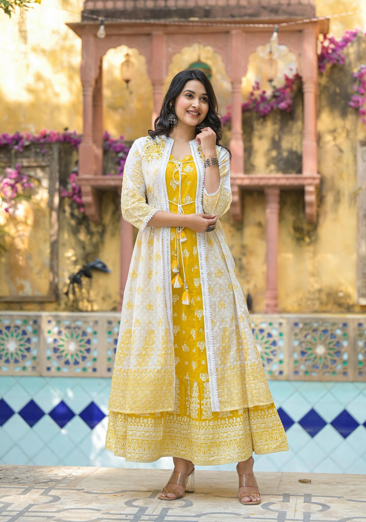Juniper Mustard Ethnic Motif Printed Cotton Kurta & Shrug With Doris