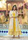 Juniper Mustard Ethnic Motif Printed Cotton Kurta & Shrug With Doris