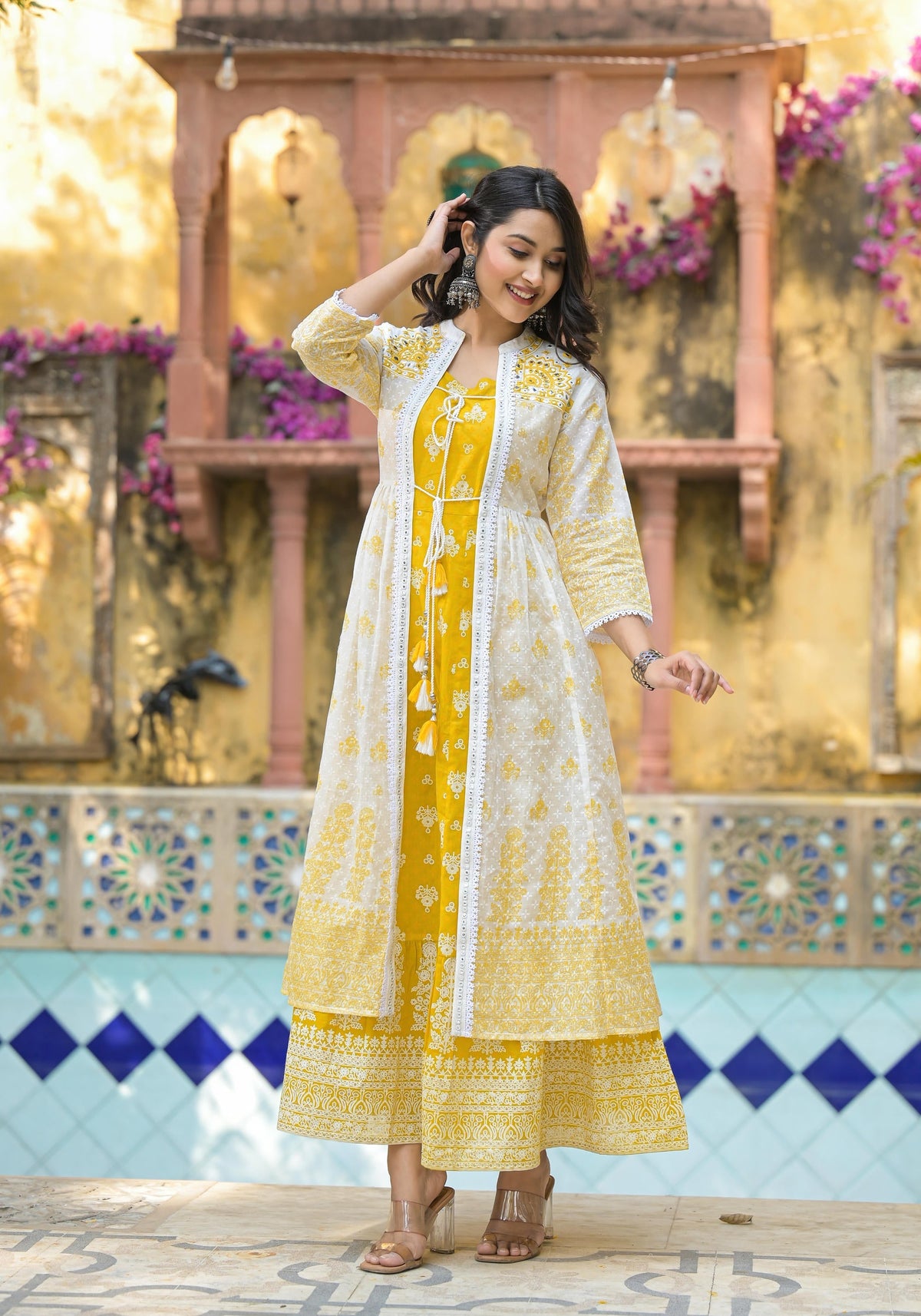 Juniper Mustard Ethnic Motif Printed Cotton Kurta & Shrug With Doris