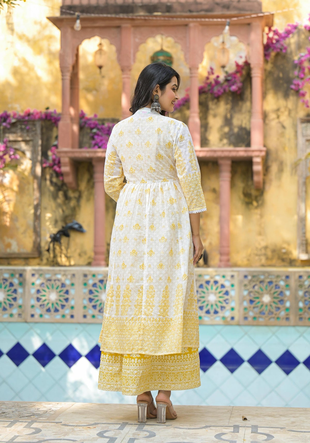 Juniper Mustard Ethnic Motif Printed Cotton Kurta & Shrug With Doris