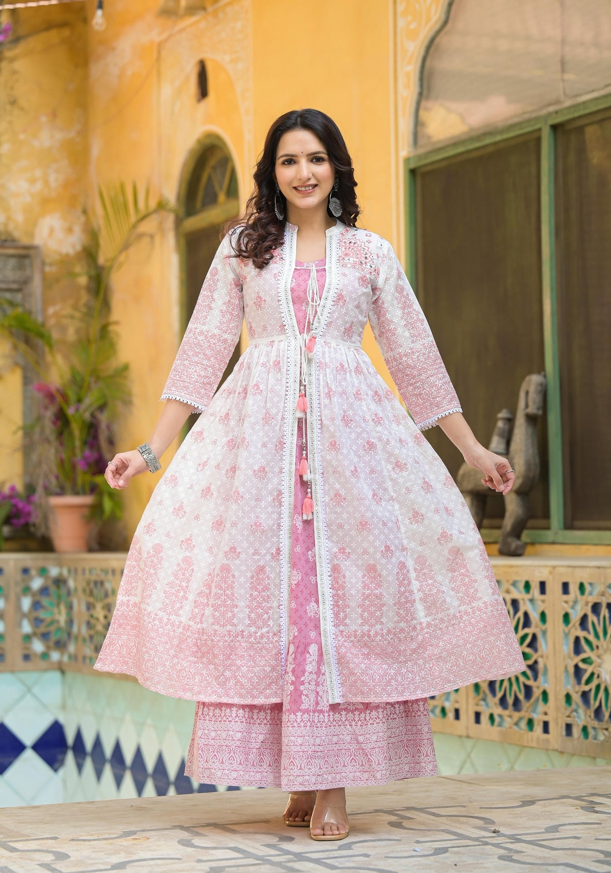 Juniper Pink Ethnic Motif Printed Cotton Kurta & Shrug With Doris