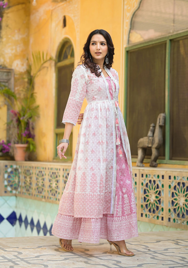 Juniper Pink Ethnic Motif Printed Cotton Kurta & Shrug With Doris