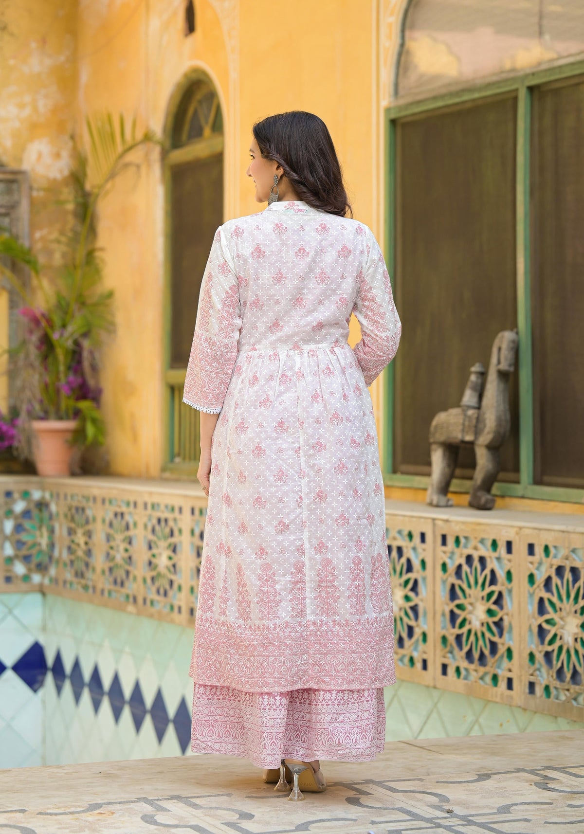 Juniper Pink Ethnic Motif Printed Cotton Kurta & Shrug With Doris