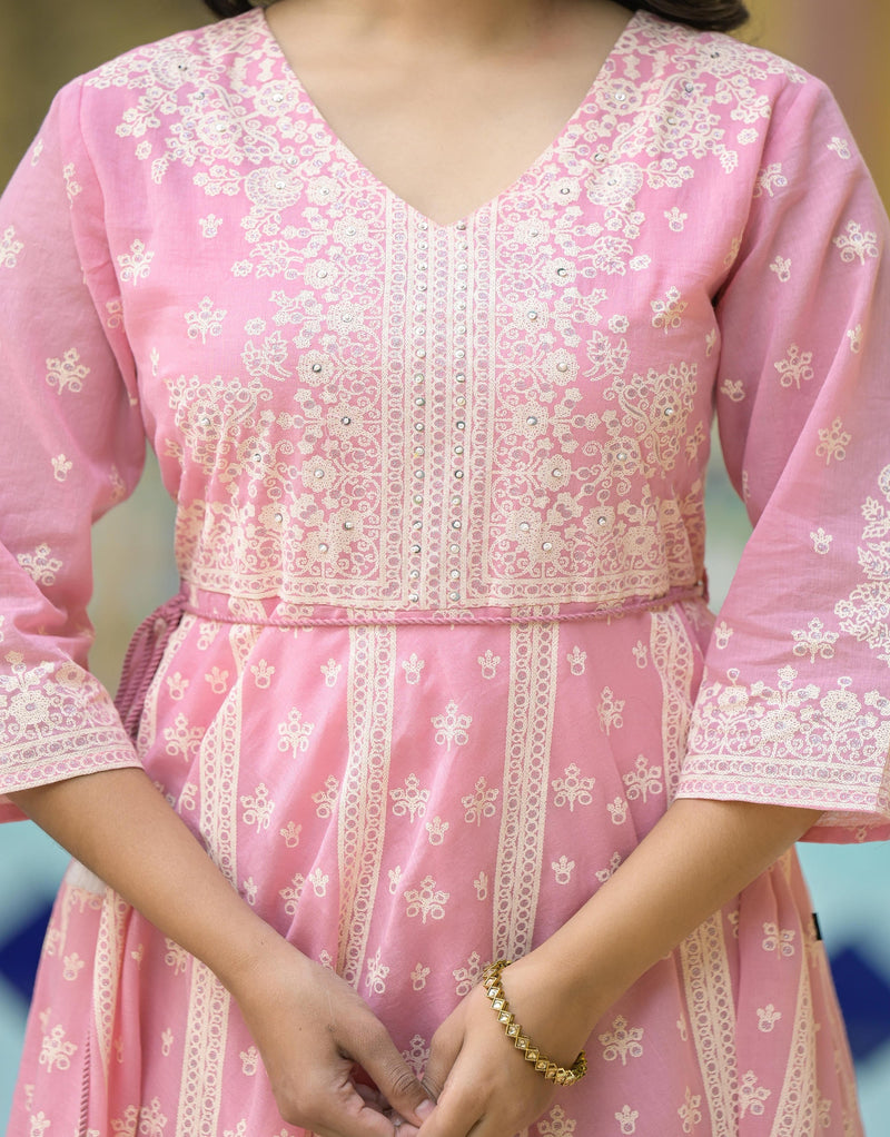 Juniper Onion Pink Anarkali Dress With Intricate White Print