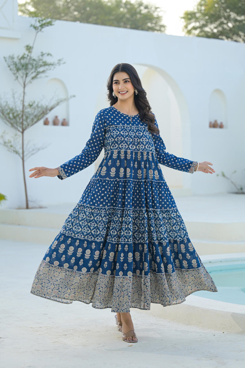 Juniper Indigo Ethnic Motif Printed Cotton Long Dress With Sequins & Thread Work