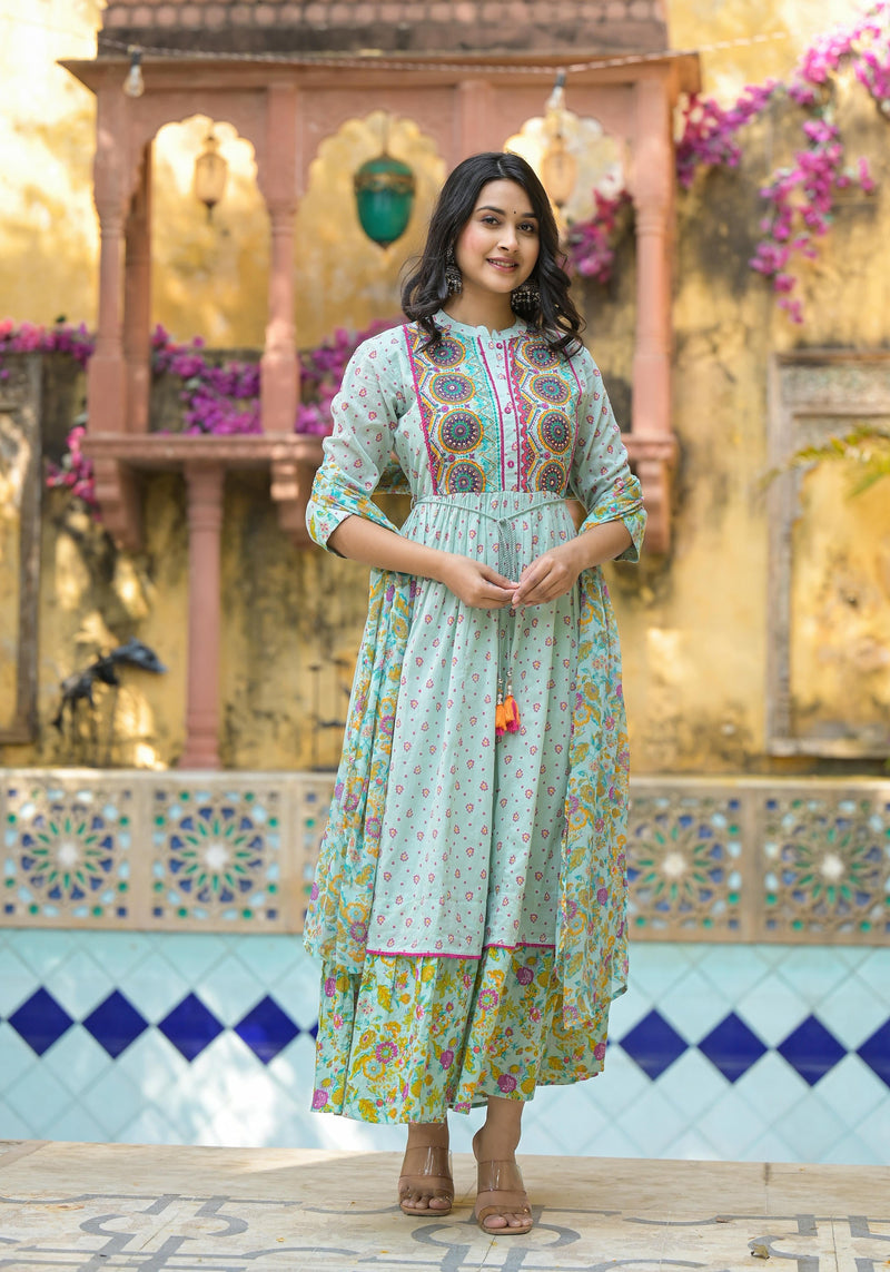 Juniper Mint Green Floral Long Dress With Dupatta