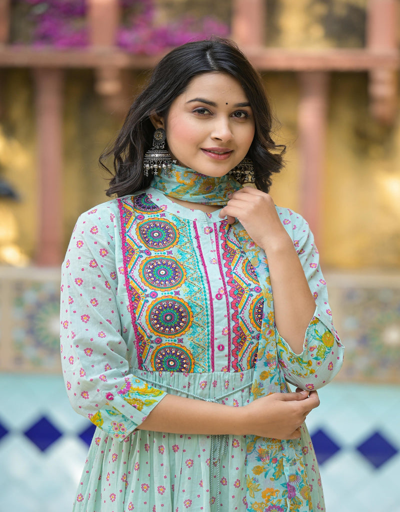 Juniper Mint Green Floral Long Dress With Dupatta