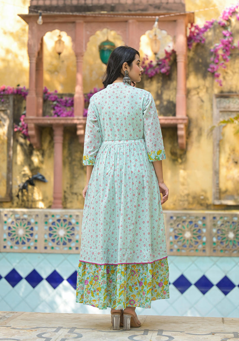 Juniper Mint Green Floral Long Dress With Dupatta