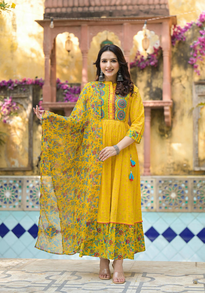 Juniper Mustard Floral Long Dress With Dupatta