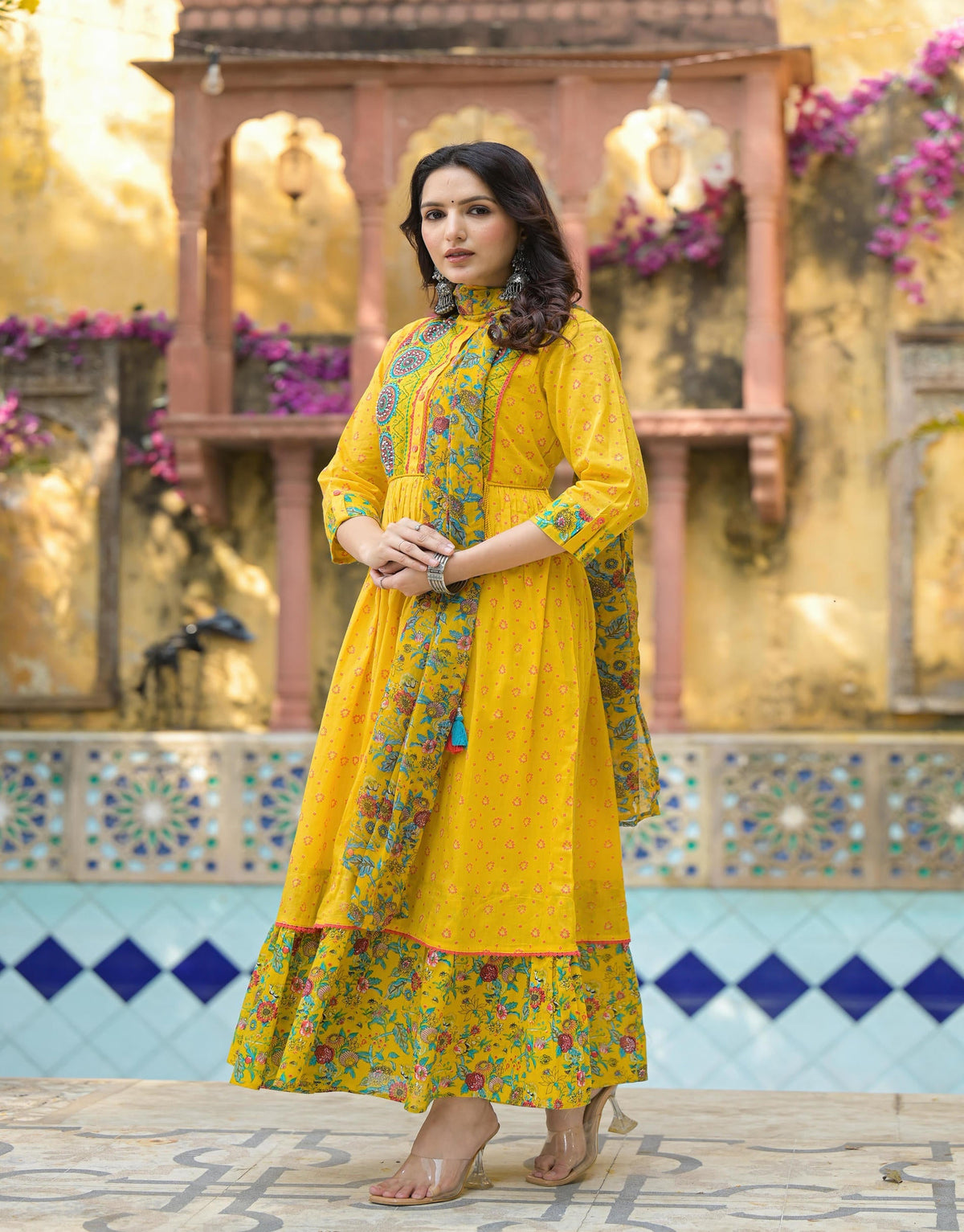 Juniper Mustard Floral Long Dress With Dupatta