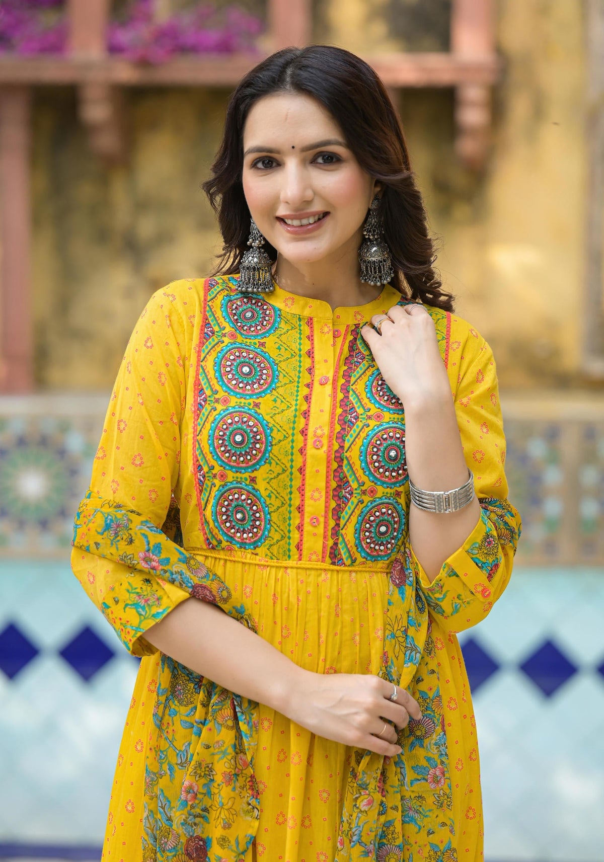 Juniper Mustard Floral Long Dress With Dupatta