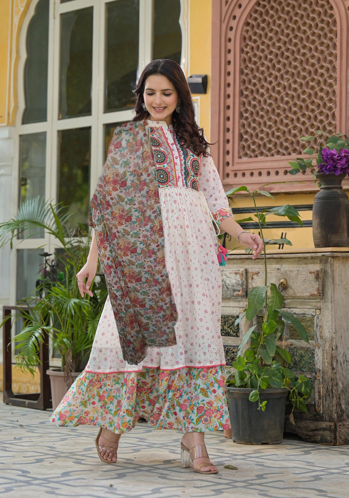 Juniper Off White Floral Long Dress With Dupatta