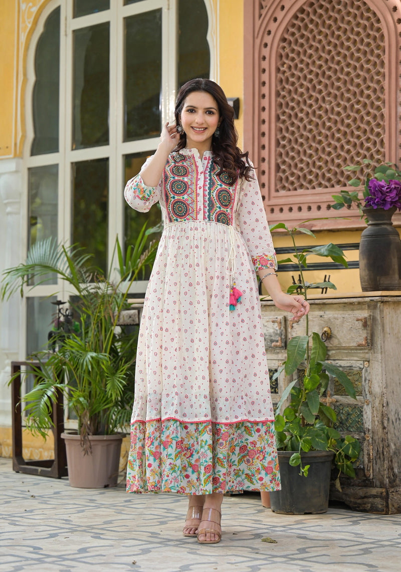 Juniper Off White Floral Long Dress With Dupatta