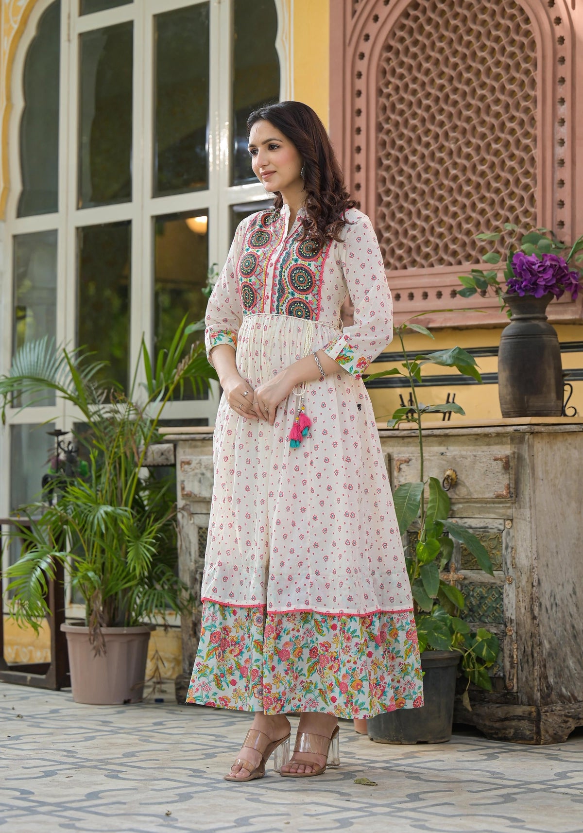Juniper Off White Floral Long Dress With Dupatta