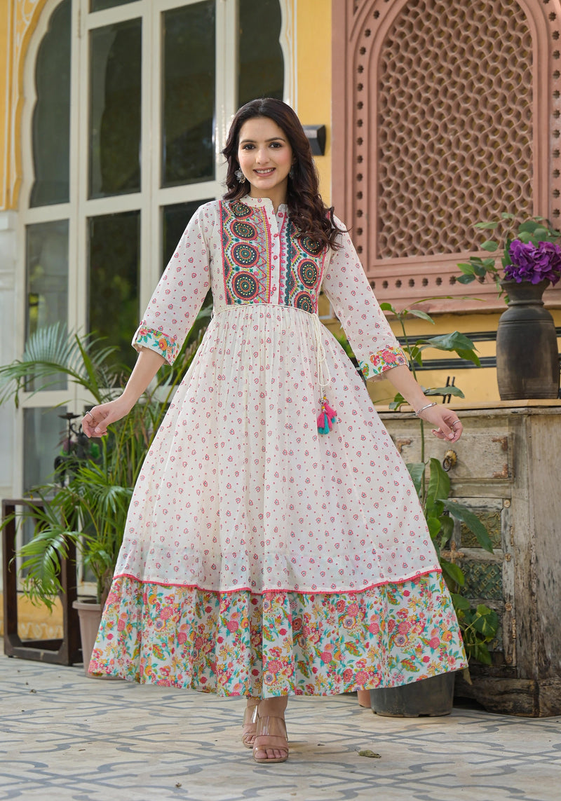 Juniper Off White Floral Long Dress With Dupatta