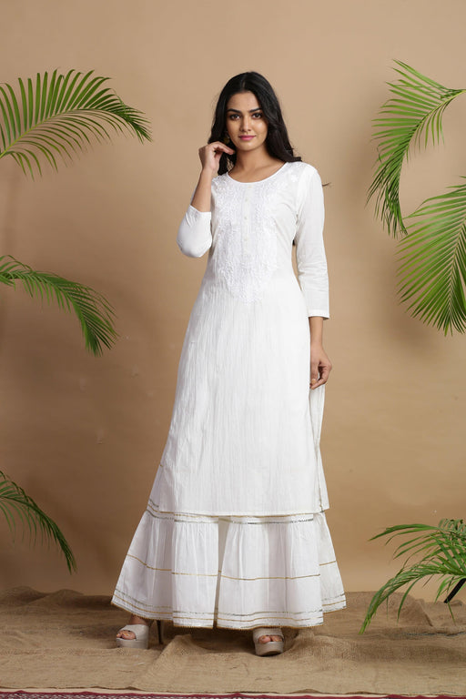 Juniper White Cotton Embroidered A-Line Straight Kurta