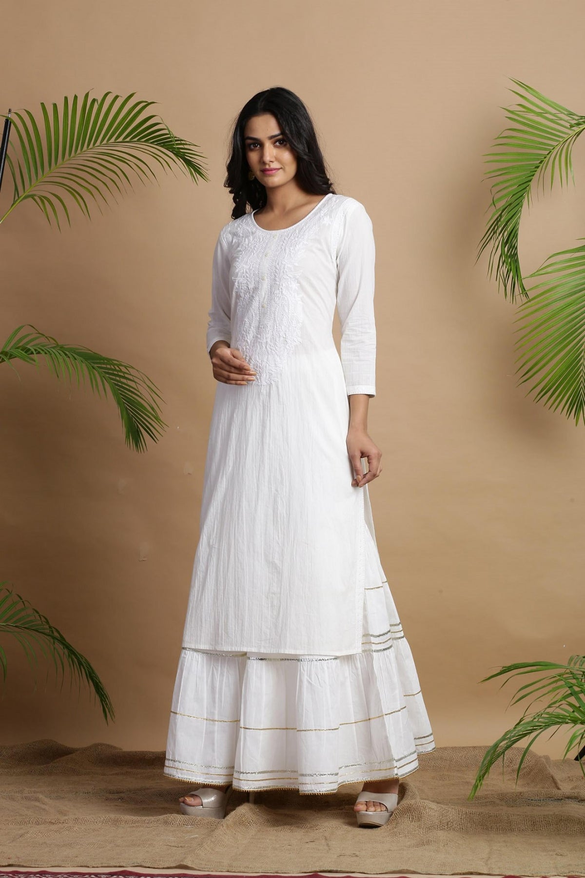 Juniper White Cotton Embroidered A-Line Straight Kurta
