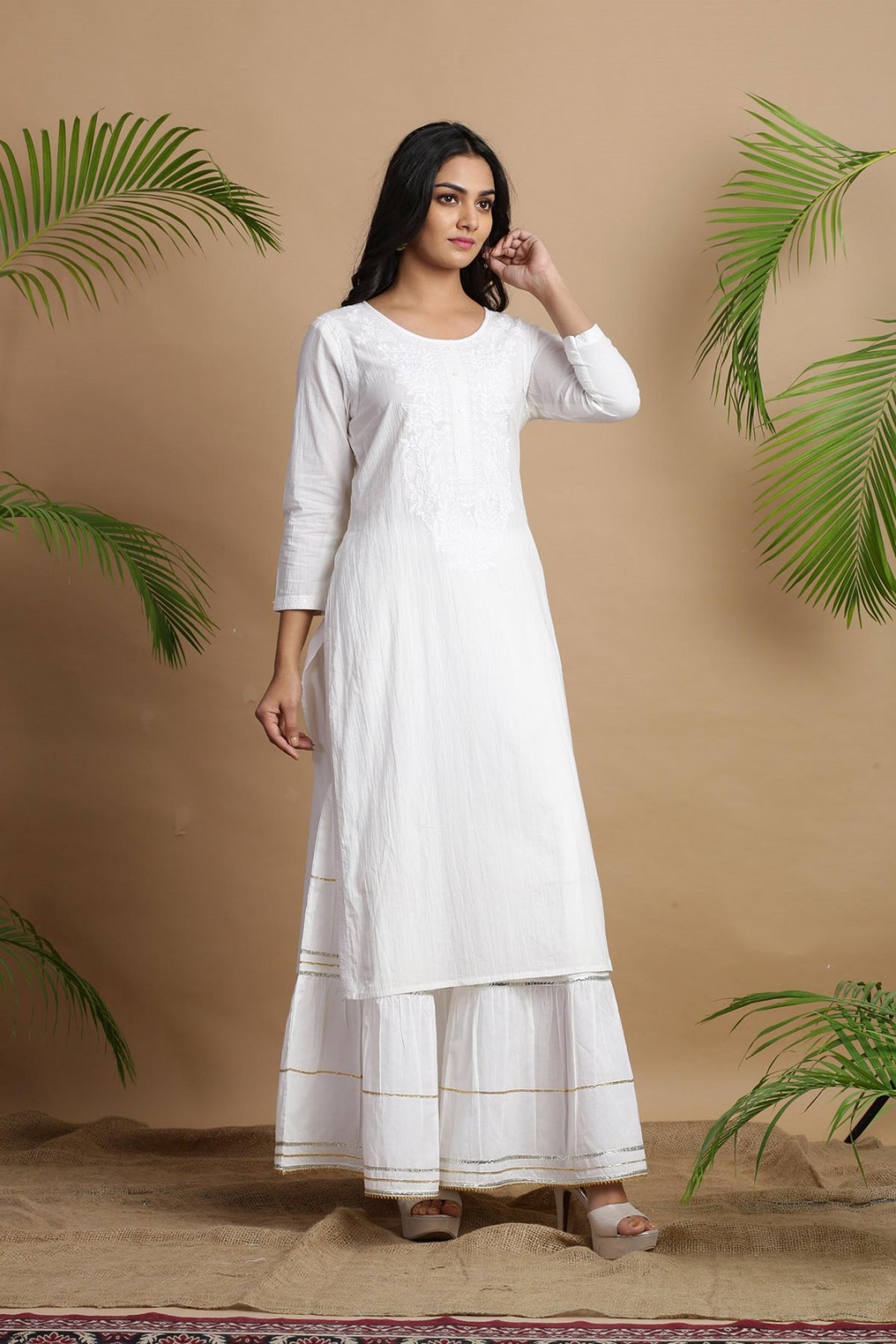 Juniper White Cotton Embroidered A-Line Straight Kurta