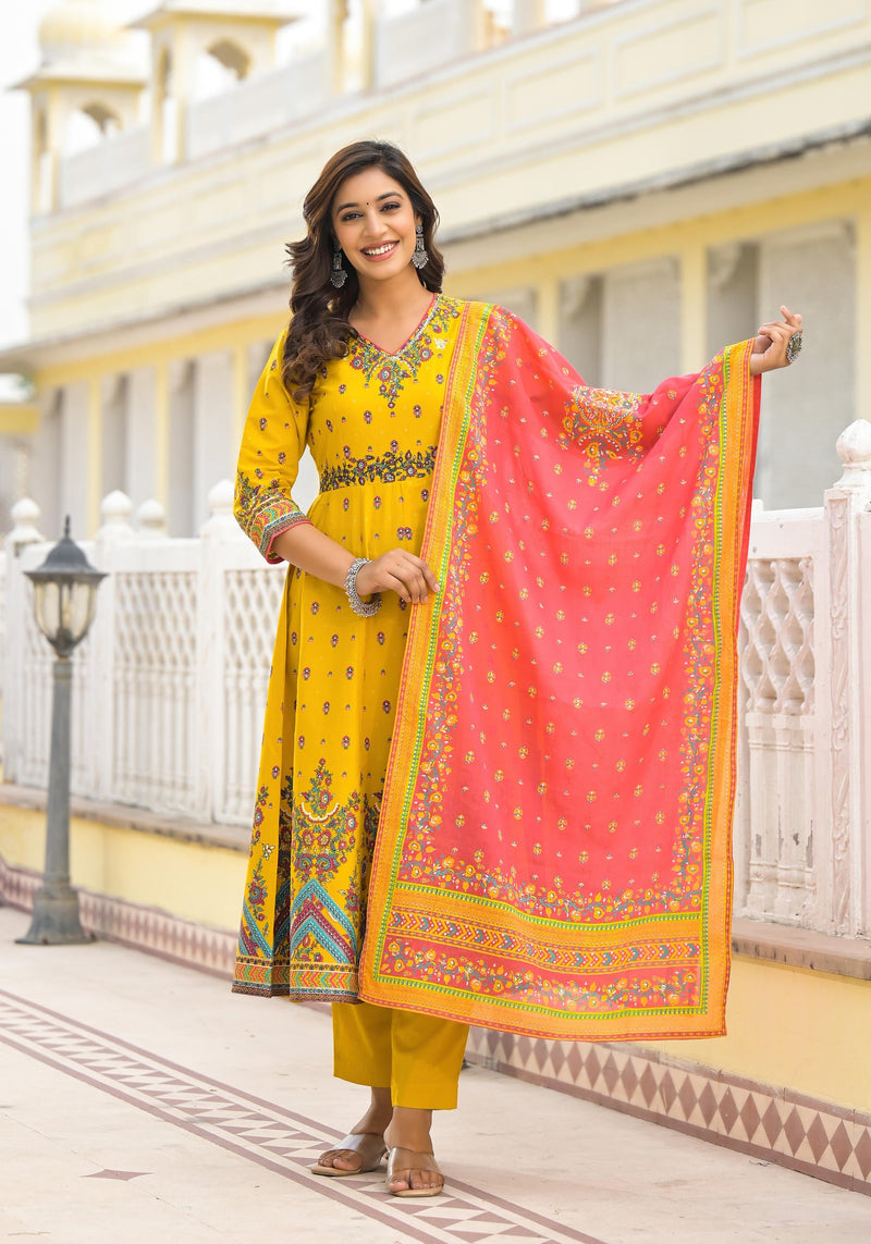 Juniper Mustard Ethnic Motif Printed Cotton A-Line Kurta Pant And Dupatta Set With Sequins