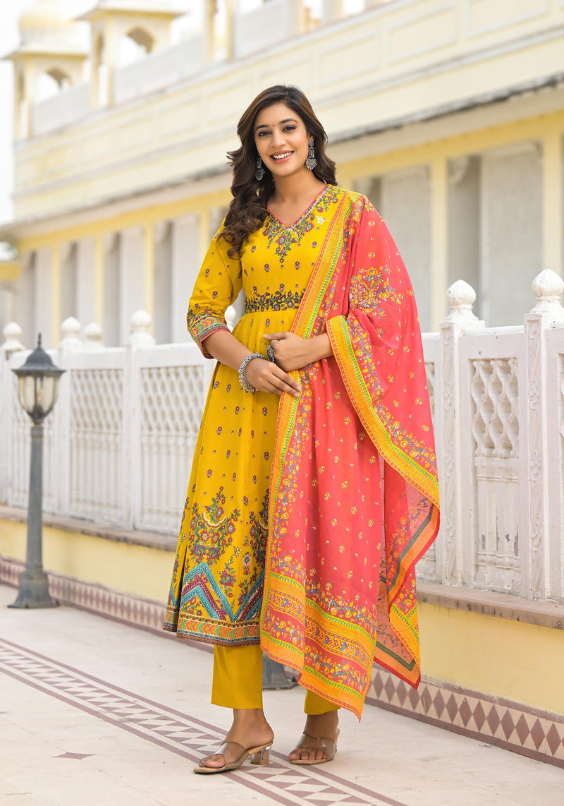 Juniper Mustard Ethnic Motif Printed Cotton A-Line Kurta Pant And Dupatta Set With Sequins